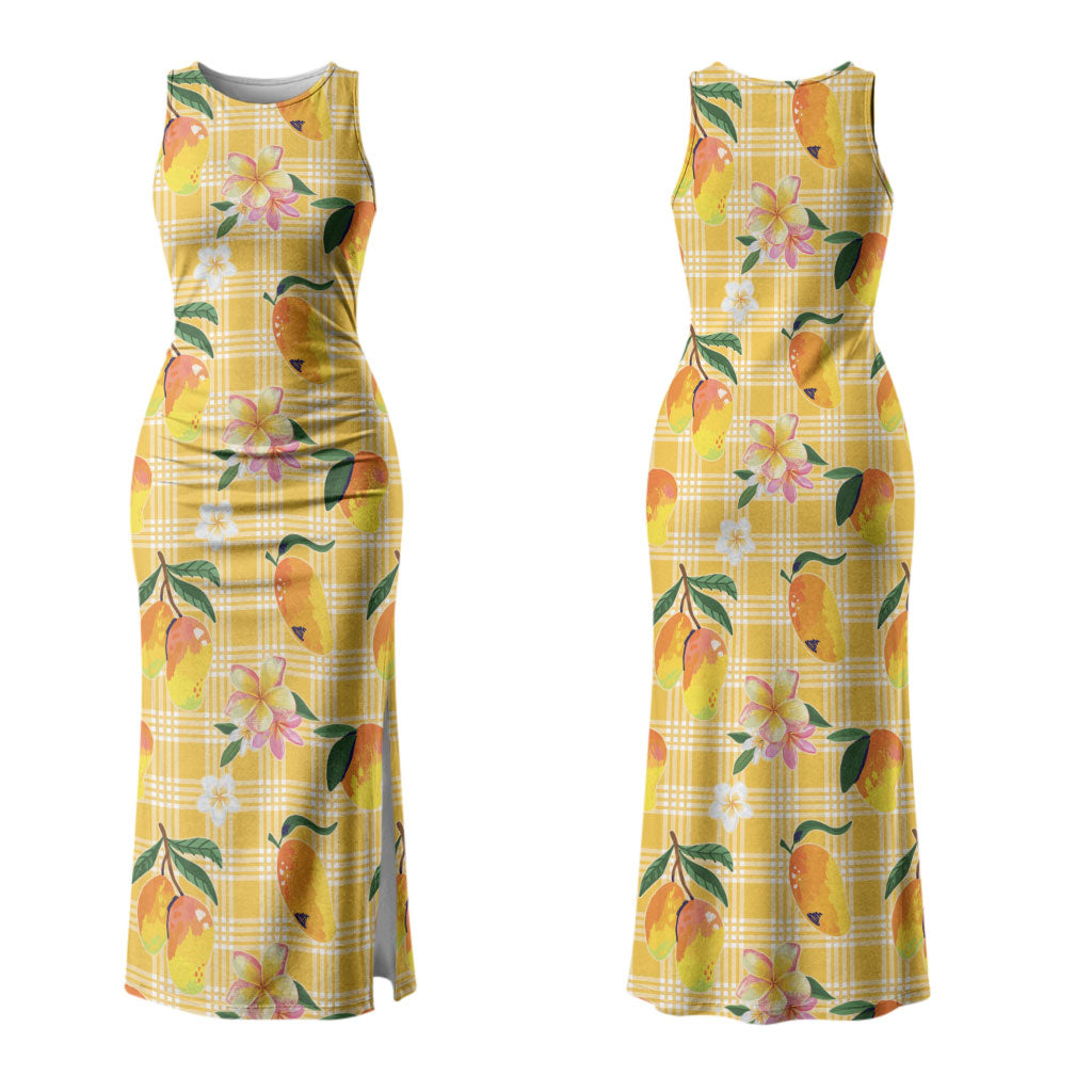 Aloha Hawaii Palaka Print Mango Plumeria Couples Matching Tank Maxi Dress and Long Sleeve Button Shirt Fresh Lemon