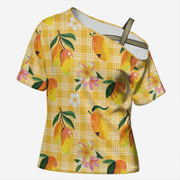 Aloha Hawaii Palaka Print Mango Plumeria Cross Shoulder Shirt Fresh Lemon