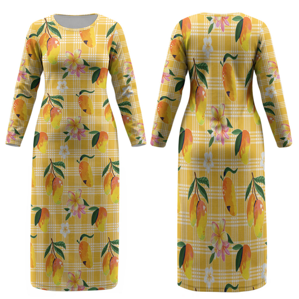 Aloha Hawaii Palaka Print Mango Plumeria Family Matching Long Sleeve Bodycon Dress and Hawaiian Shirt Fresh Lemon