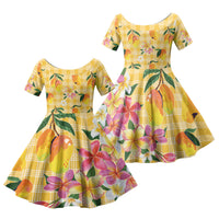 Aloha Hawaii Palaka Print Mango Plumeria Family Matching Long Sleeve Bodycon Dress and Hawaiian Shirt Fresh Lemon