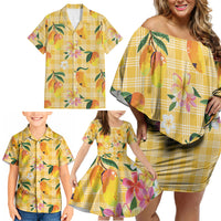 Aloha Hawaii Palaka Print Mango Plumeria Family Matching Off Shoulder Short Dress and Hawaiian Shirt Fresh Lemon LT7 - Polynesian Pride