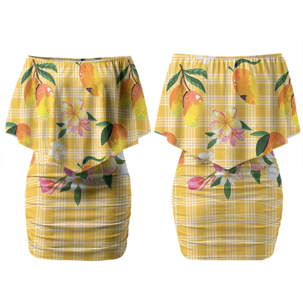 Aloha Hawaii Palaka Print Mango Plumeria Family Matching Off Shoulder Short Dress and Hawaiian Shirt Fresh Lemon LT7 Mom's Dress Yellow - Polynesian Pride