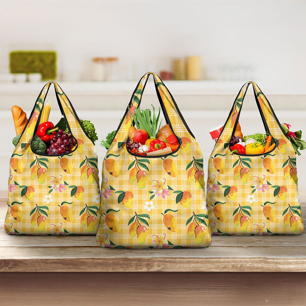 Aloha Hawaii Palaka Print Mango Plumeria Grocery Bag Fresh Lemon