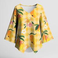 Aloha Hawaii Palaka Print Mango Plumeria Kimono Sleeve Blouse Fresh Lemon