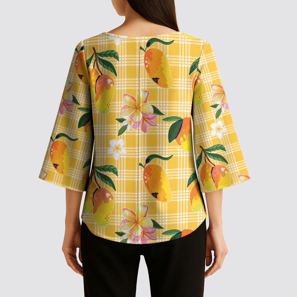 Aloha Hawaii Palaka Print Mango Plumeria Kimono Sleeve Blouse Fresh Lemon