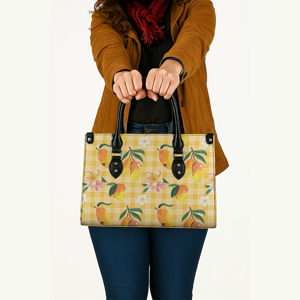 Aloha Hawaii Palaka Print Mango Plumeria Leather Bag Fresh Lemon