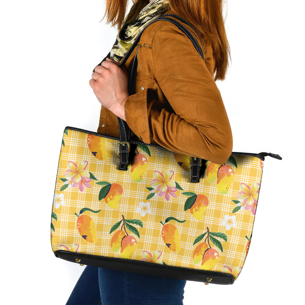 Aloha Hawaii Palaka Print Mango Plumeria Leather Tote Bag Fresh Lemon