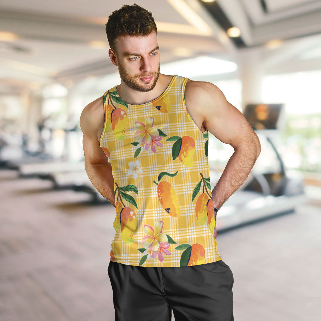 Aloha Hawaii Palaka Print Mango Plumeria Men Tank Top Fresh Lemon