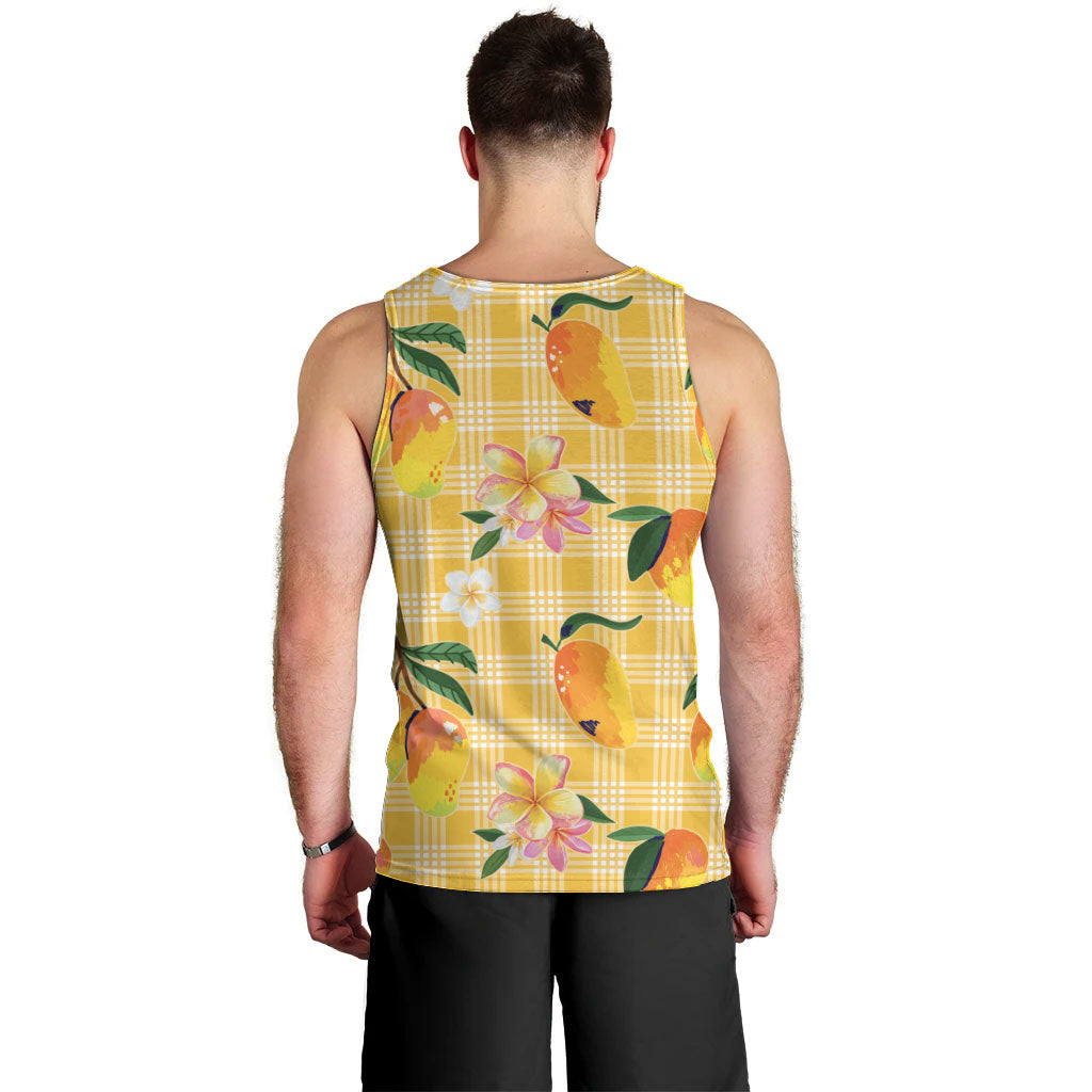 Aloha Hawaii Palaka Print Mango Plumeria Men Tank Top Fresh Lemon