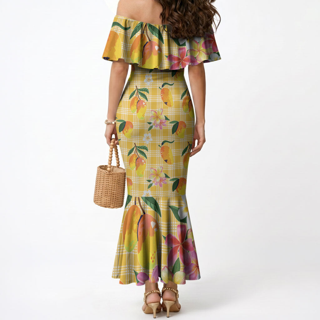 Aloha Hawaii Palaka Print Mango Plumeria Mermaid Dress Fresh Lemon