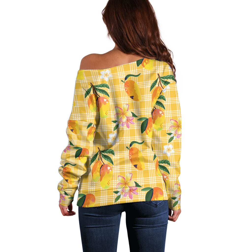 Aloha Hawaii Palaka Print Mango Plumeria Off Shoulder Sweater Fresh Lemon