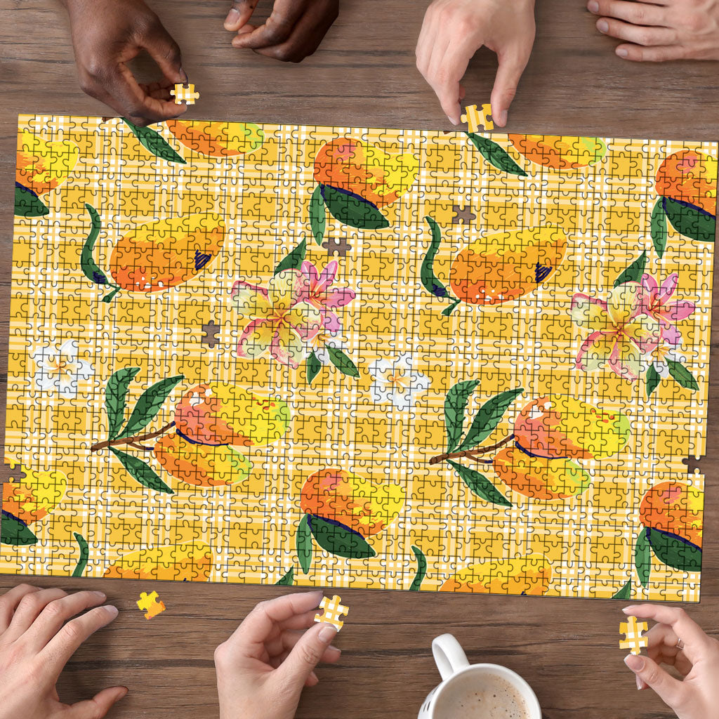 Aloha Hawaii Palaka Print Mango Plumeria Puzzle Fresh Lemon
