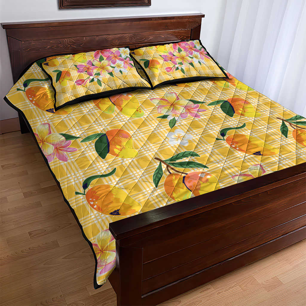 Aloha Hawaii Palaka Print Mango Plumeria Quilt Bed Set Fresh Lemon