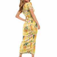 Aloha Hawaii Palaka Print Mango Plumeria Short Sleeve Bodycon Dress Fresh Lemon