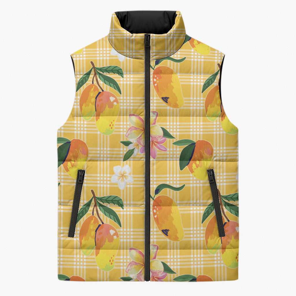 Aloha Hawaii Palaka Print Mango Plumeria Sleeveless Puffer Jacket Fresh Lemon