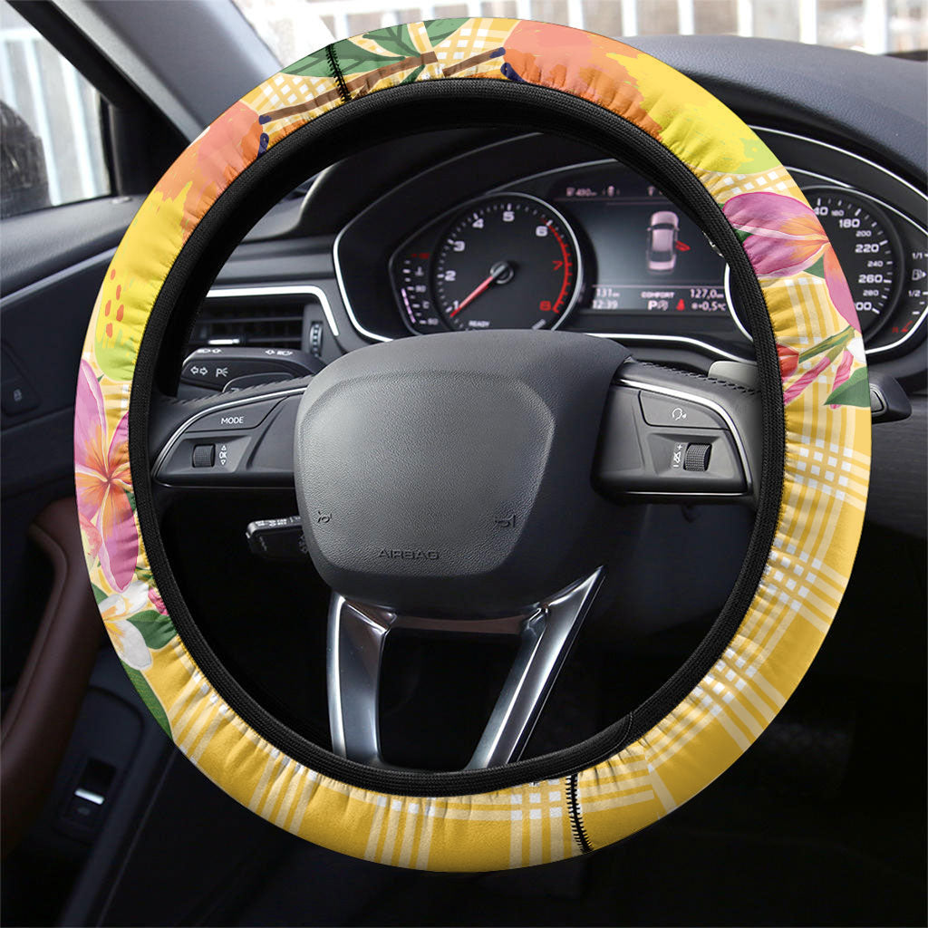 Aloha Hawaii Palaka Print Mango Plumeria Steering Wheel Cover Fresh Lemon