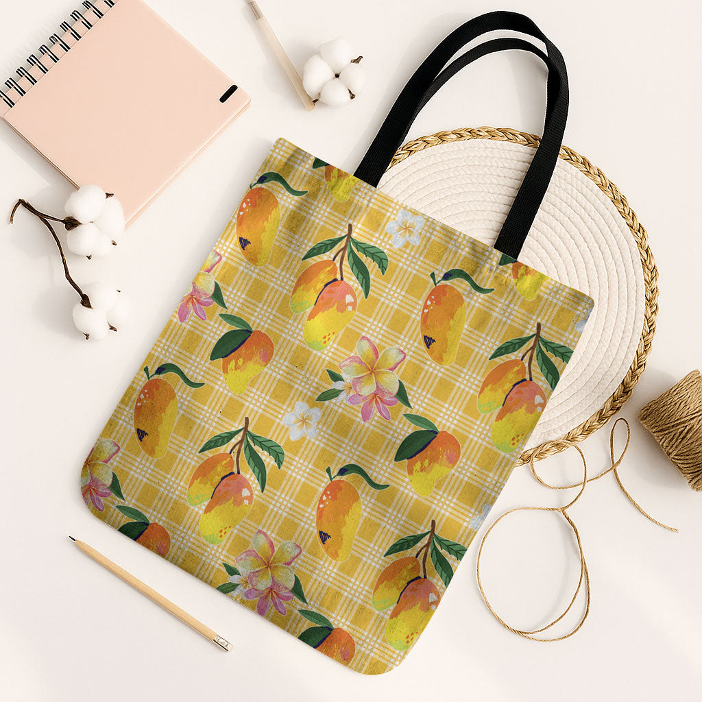 Aloha Hawaii Palaka Print Mango Plumeria Tote Bag Fresh Lemon