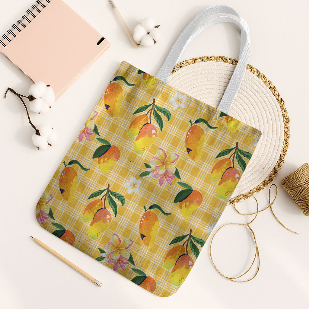 Aloha Hawaii Palaka Print Mango Plumeria Tote Bag Fresh Lemon