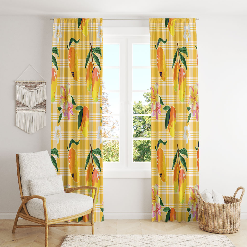 Aloha Hawaii Palaka Print Mango Plumeria Window Curtain Fresh Lemon