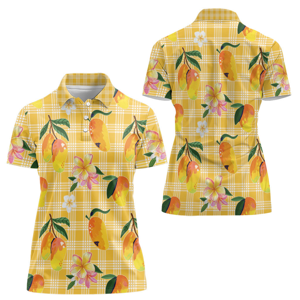 Aloha Hawaii Palaka Print Mango Plumeria Women Polo Shirt Fresh Lemon