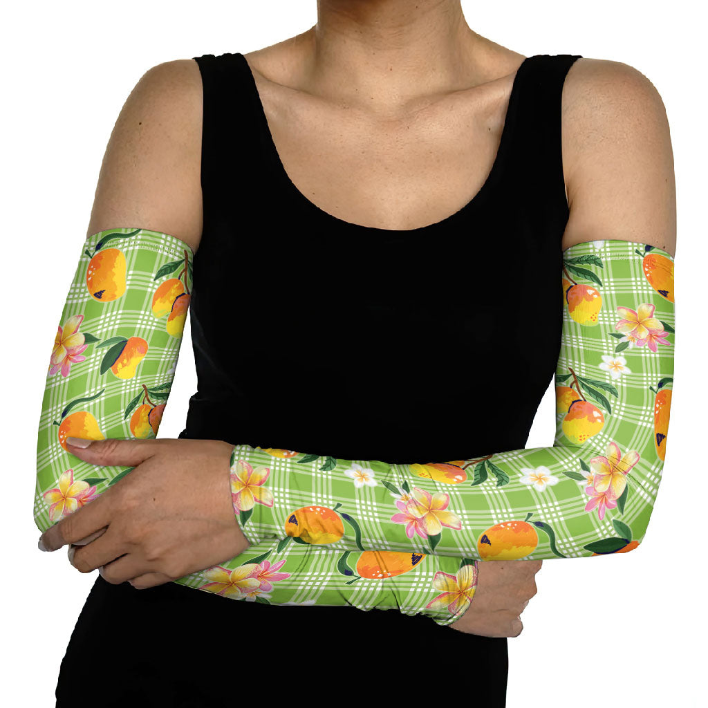 Aloha Hawaii Palaka Print Mango Plumeria Arm Sleeves Cool Mint