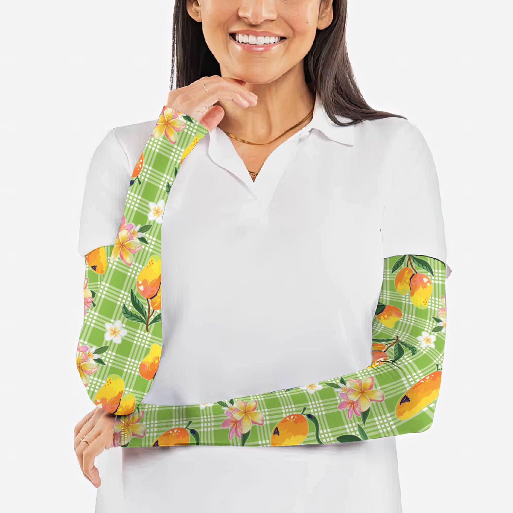 Aloha Hawaii Palaka Print Mango Plumeria Arm Sleeves Cool Mint