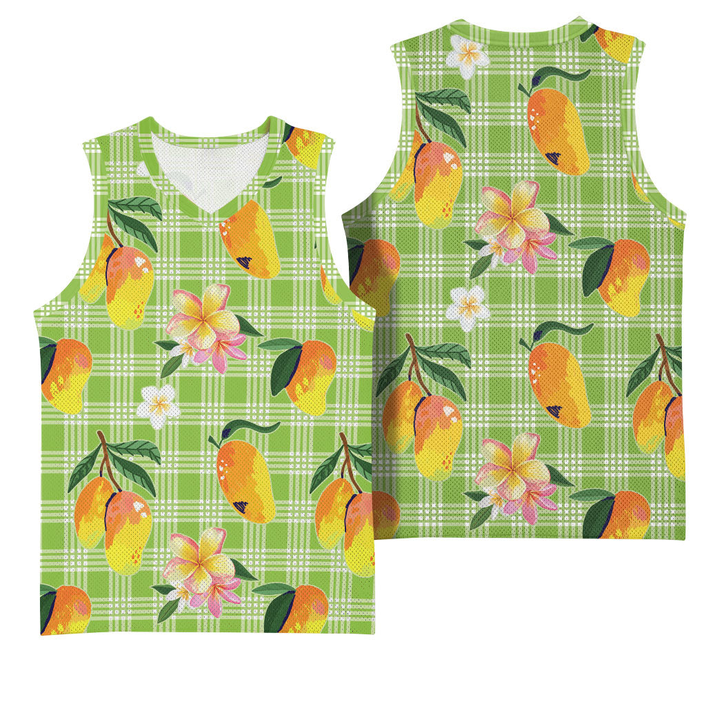 Aloha Hawaii Palaka Print Mango Plumeria Basketball Jersey Cool Mint