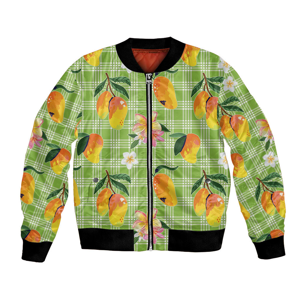 Aloha Hawaii Palaka Print Mango Plumeria Bomber Jacket Cool Mint