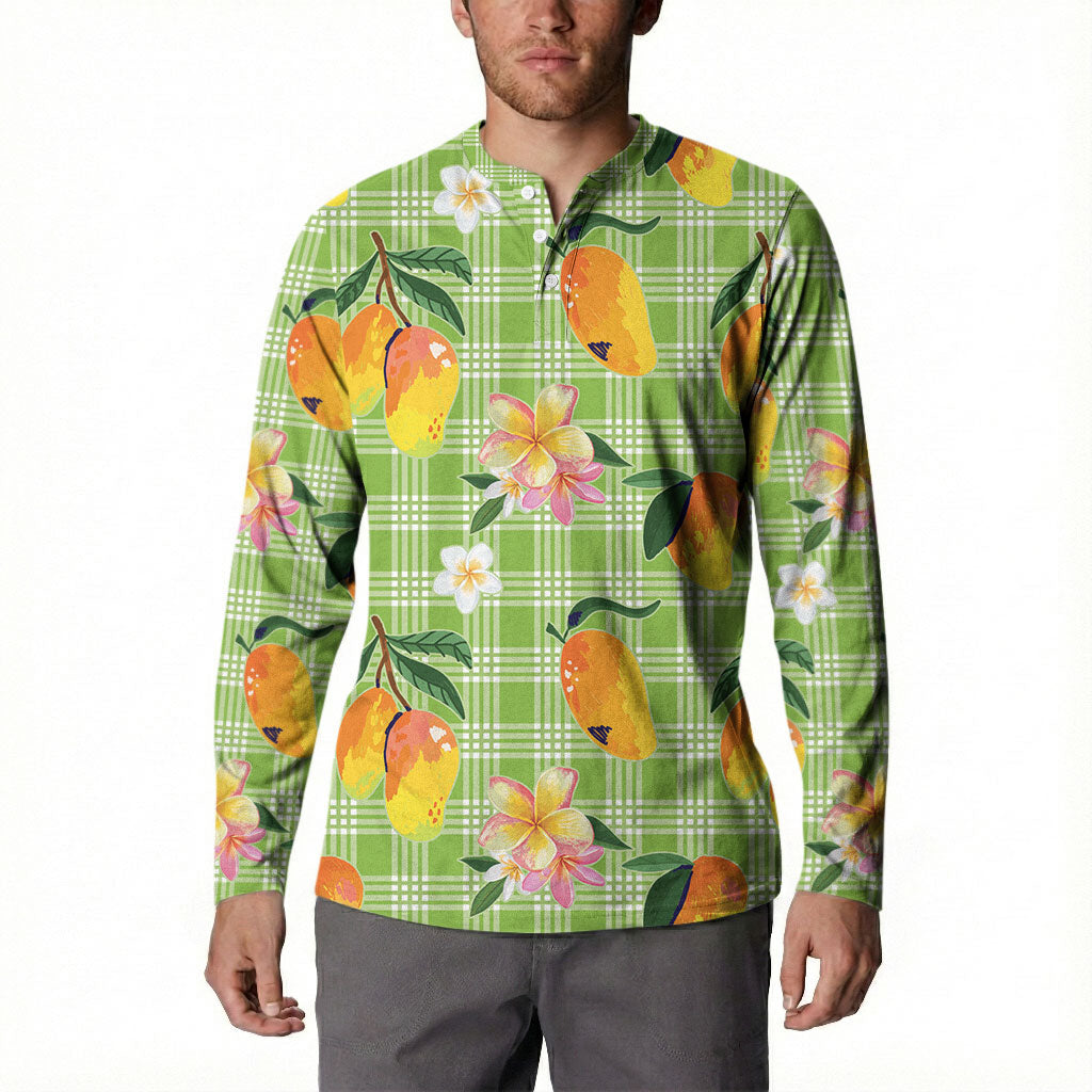 Aloha Hawaii Palaka Print Mango Plumeria Button Sweatshirt Cool Mint
