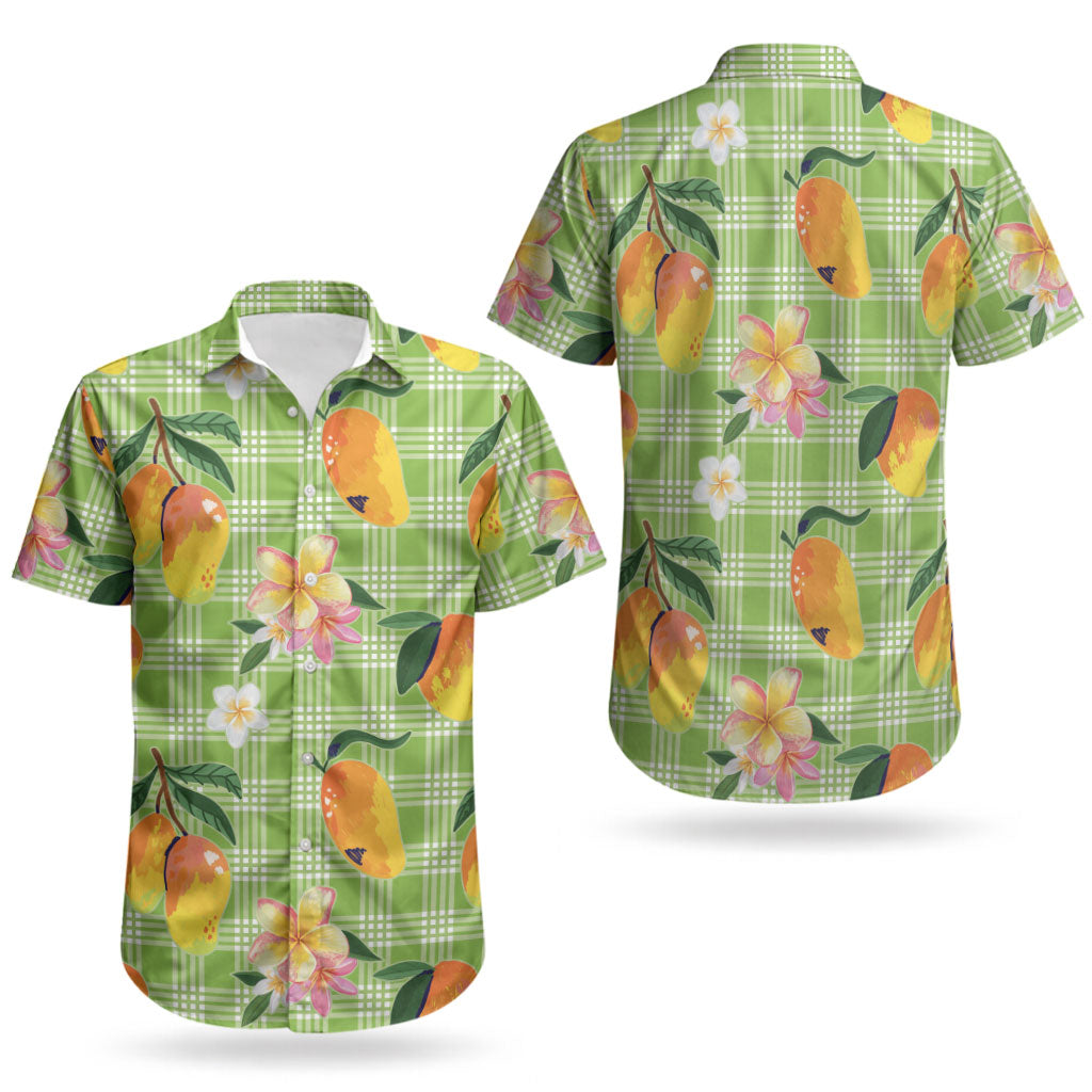 Aloha Hawaii Palaka Print Mango Plumeria Couples Matching Off Shoulder Maxi Dress and Hawaiian Shirt Cool Mint
