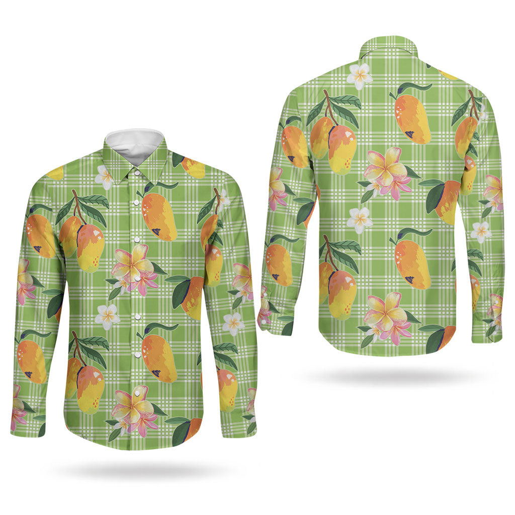 Aloha Hawaii Palaka Print Mango Plumeria Couples Matching Off Shoulder Maxi Dress and Long Sleeve Button Shirt Cool Mint