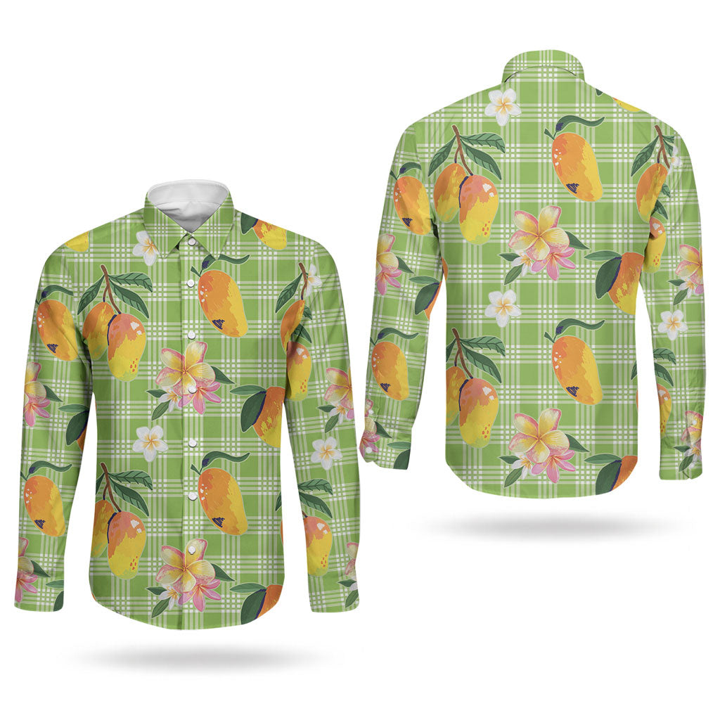 Aloha Hawaii Palaka Print Mango Plumeria Couples Matching Puletasi and Long Sleeve Button Shirt Cool Mint