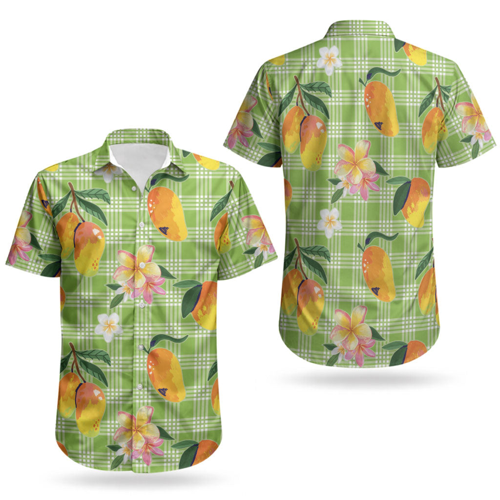 Aloha Hawaii Palaka Print Mango Plumeria Couples Matching Short Sleeve Bodycon Dress and Hawaiian Shirt Cool Mint