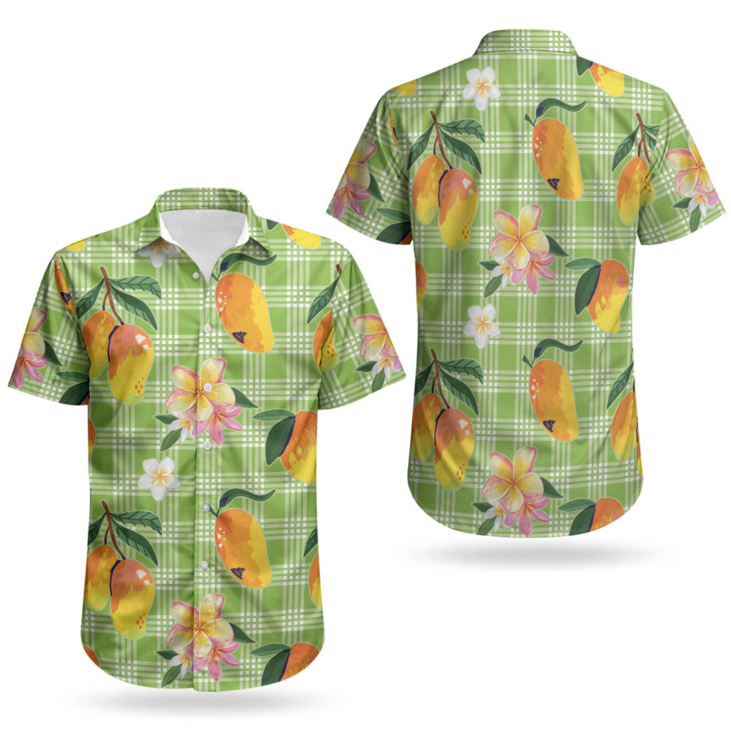Aloha Hawaii Palaka Print Mango Plumeria Couples Matching Tank Maxi Dress and Hawaiian Shirt Cool Mint