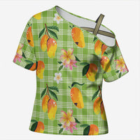Aloha Hawaii Palaka Print Mango Plumeria Cross Shoulder Shirt Cool Mint