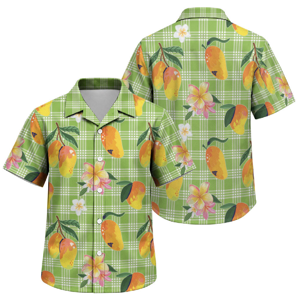 Aloha Hawaii Palaka Print Mango Plumeria Family Matching Off The Shoulder Long Sleeve Dress and Hawaiian Shirt Cool Mint