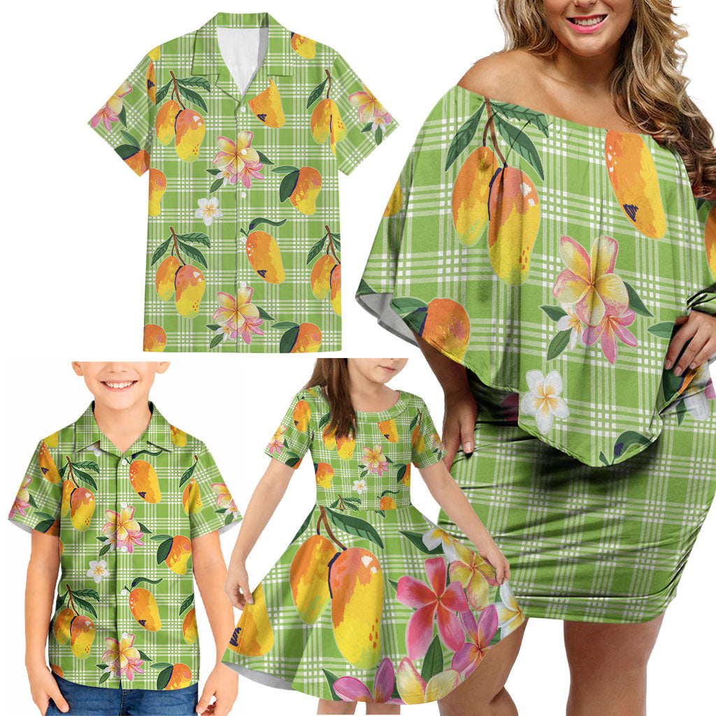 Aloha Hawaii Palaka Print Mango Plumeria Family Matching Off Shoulder Short Dress and Hawaiian Shirt Cool Mint