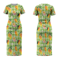 Aloha Hawaii Palaka Print Mango Plumeria Family Matching Short Sleeve Bodycon Dress and Hawaiian Shirt Cool Mint
