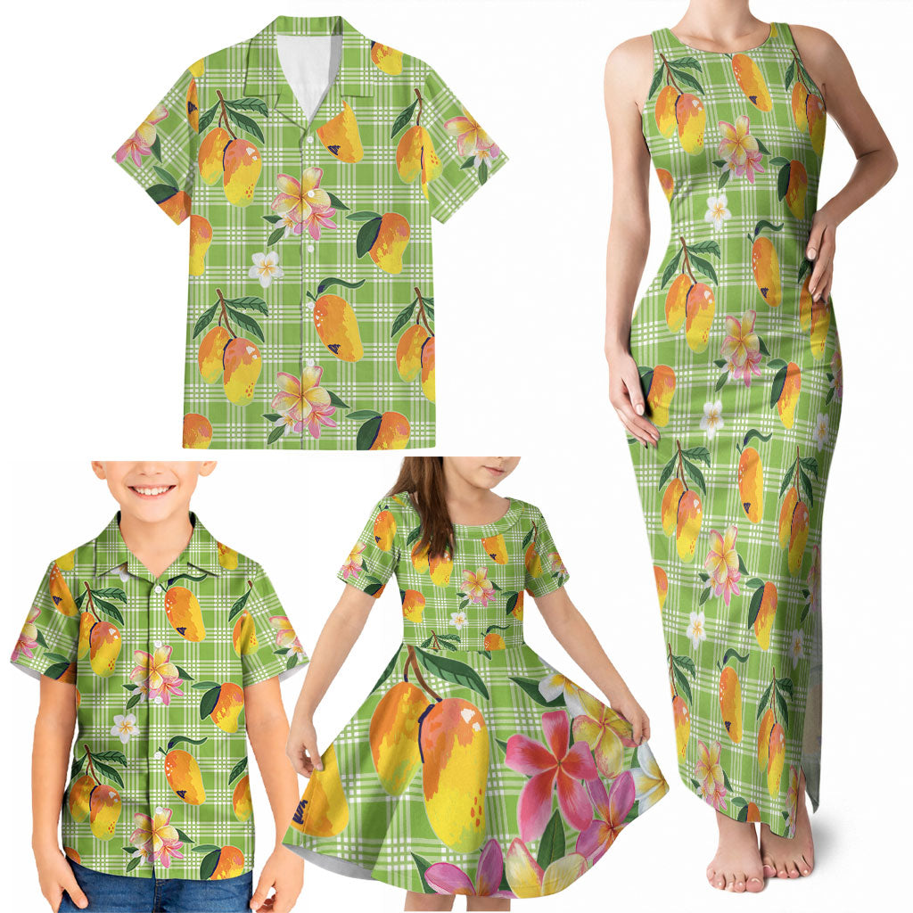 Aloha Hawaii Palaka Print Mango Plumeria Family Matching Tank Maxi Dress and Hawaiian Shirt Cool Mint