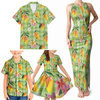 Aloha Hawaii Palaka Print Mango Plumeria Family Matching Tank Maxi Dress and Hawaiian Shirt Cool Mint