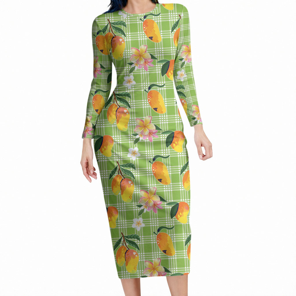 Aloha Hawaii Palaka Print Mango Plumeria Long Sleeve Bodycon Dress Cool Mint