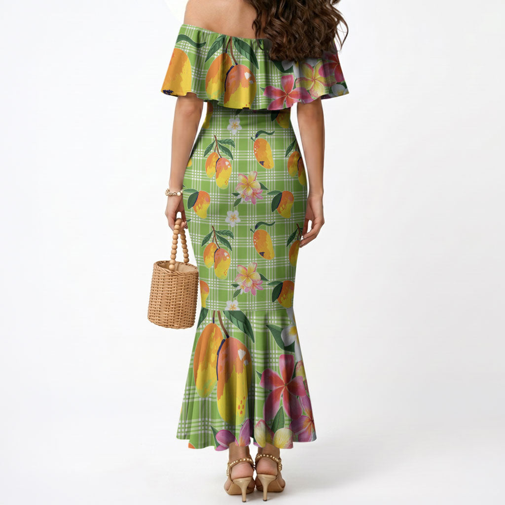 Aloha Hawaii Palaka Print Mango Plumeria Mermaid Dress Cool Mint