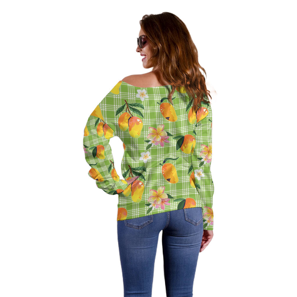 Aloha Hawaii Palaka Print Mango Plumeria Off Shoulder Sweater Cool Mint