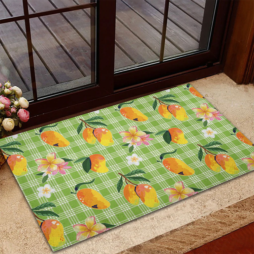 Aloha Hawaii Palaka Print Mango Plumeria Rubber Doormat Cool Mint