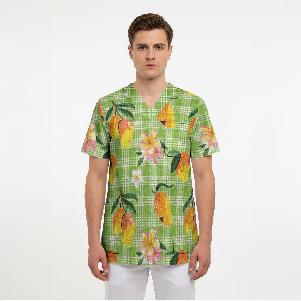 Aloha Hawaii Palaka Print Mango Plumeria Scrub Top Cool Mint