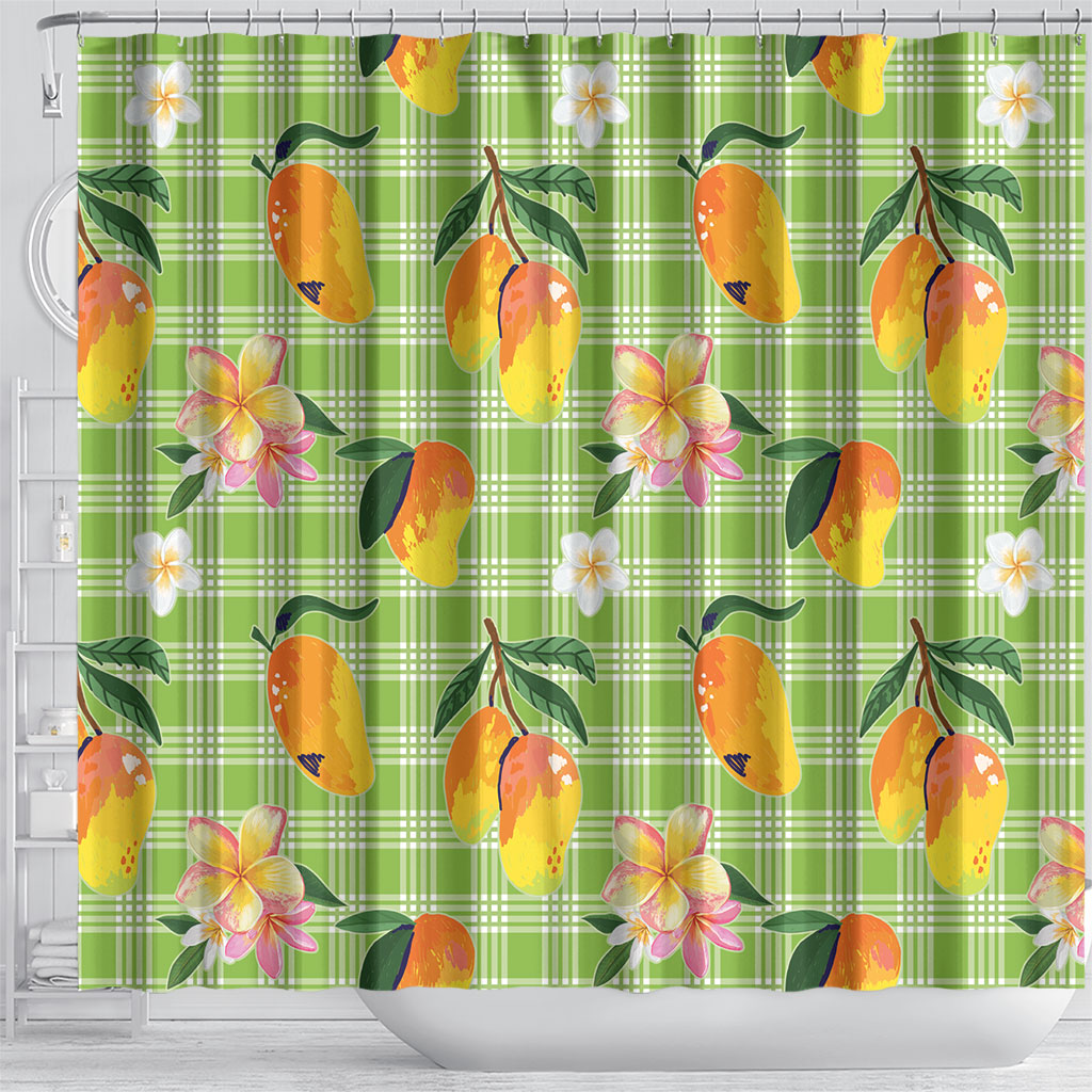 Aloha Hawaii Palaka Print Mango Plumeria Shower Curtain Cool Mint