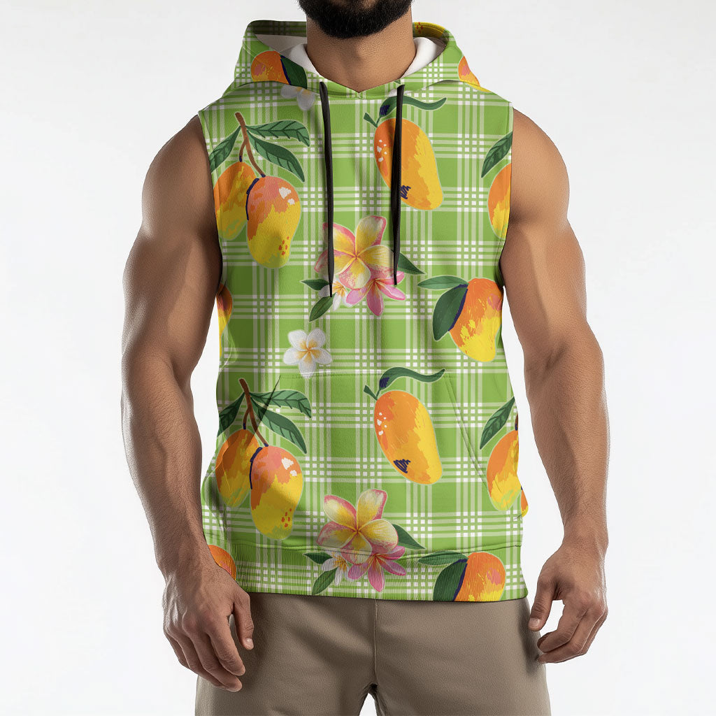 Aloha Hawaii Palaka Print Mango Plumeria Sleeveless Hoodie Cool Mint