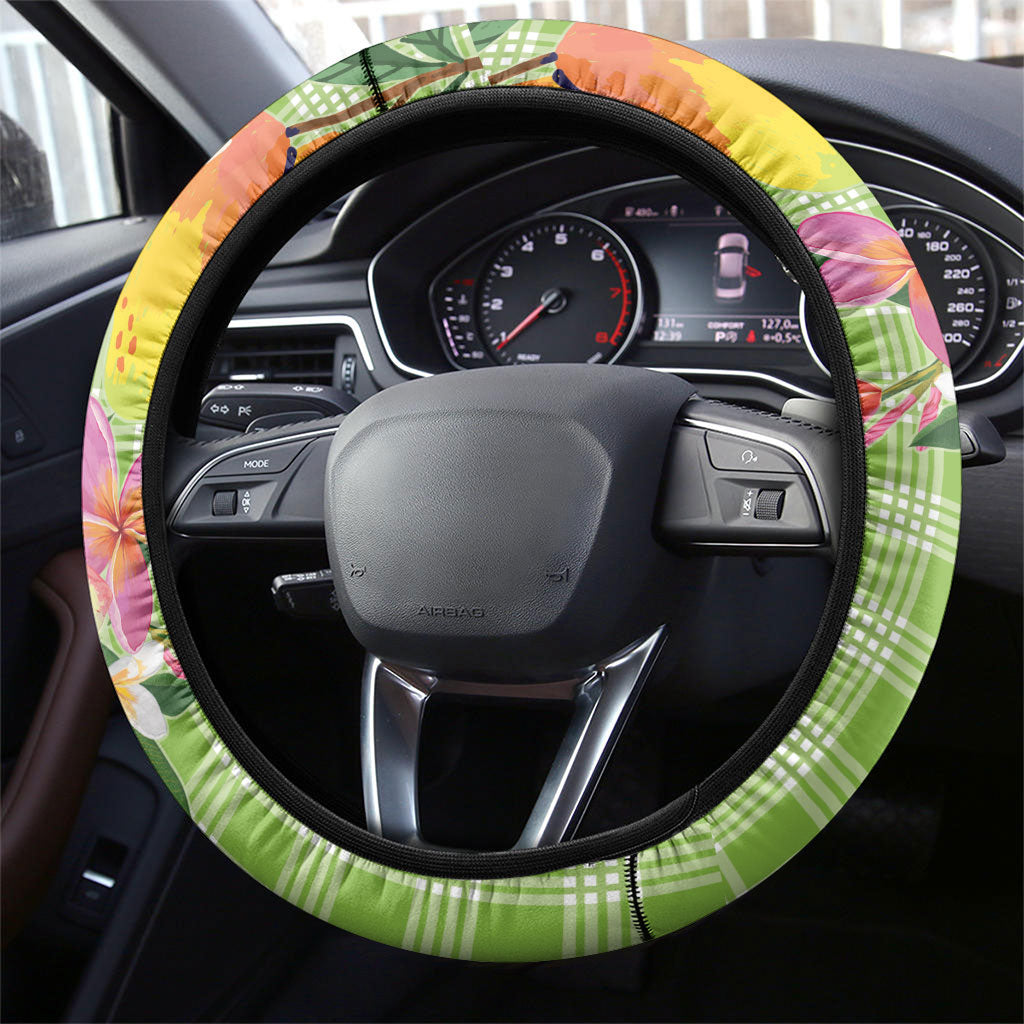 Aloha Hawaii Palaka Print Mango Plumeria Steering Wheel Cover Cool Mint