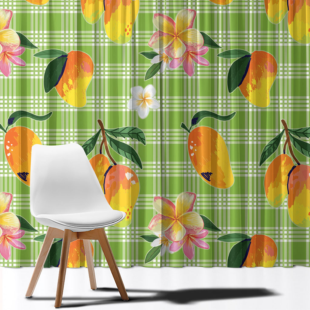 Aloha Hawaii Palaka Print Mango Plumeria Window Curtain Cool Mint