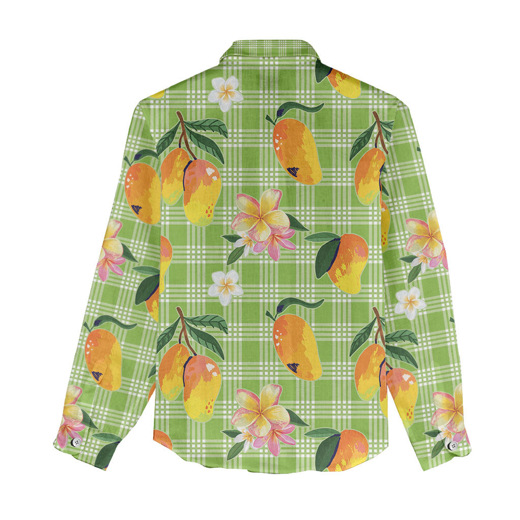 Aloha Hawaii Palaka Print Mango Plumeria Women Casual Shirt Cool Mint